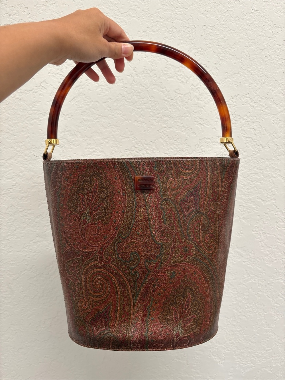 Etro Brown Paisley Bucket Shoulder Bag with Tortoiseshell Handle